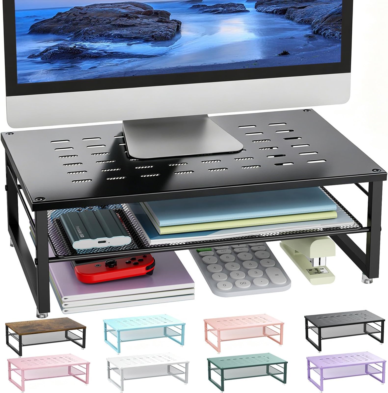 gianotter 2-Tier Metal Monitor Stand Riser | Desk Organizers and Accessories, Desk Organizer for Monitor, Office Desk Storage Organizer for Office Supplies (Black)