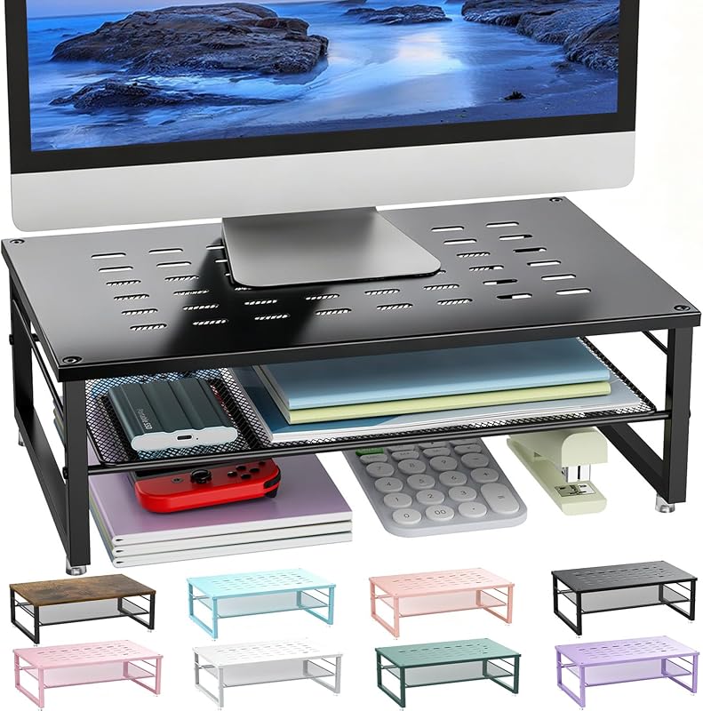 2-Tier Metal Monitor Stand Riser | Desk Organizers and Accessories, Desk Organizer for Monitor, Office Desk Storage Organizer for Office Supplies (Black)