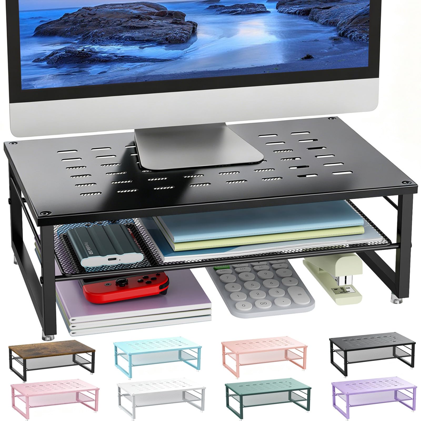 gianotter Supporto per monitor in metallo a 2 livelli, organizer da scrivania per computer, laptop, stampante, forniture per ufficio (nero)