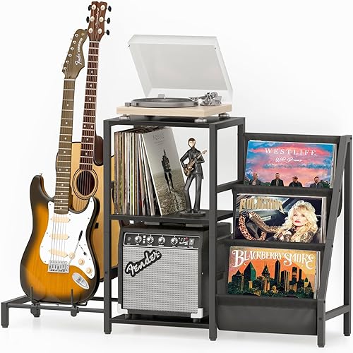 Miniatura 10 de Bikoney - Soporte para tocadiscos, soporte para guitarra acústica, eléctrica, bajo con soporte para amplificador, almacenamiento de discos de vinilo