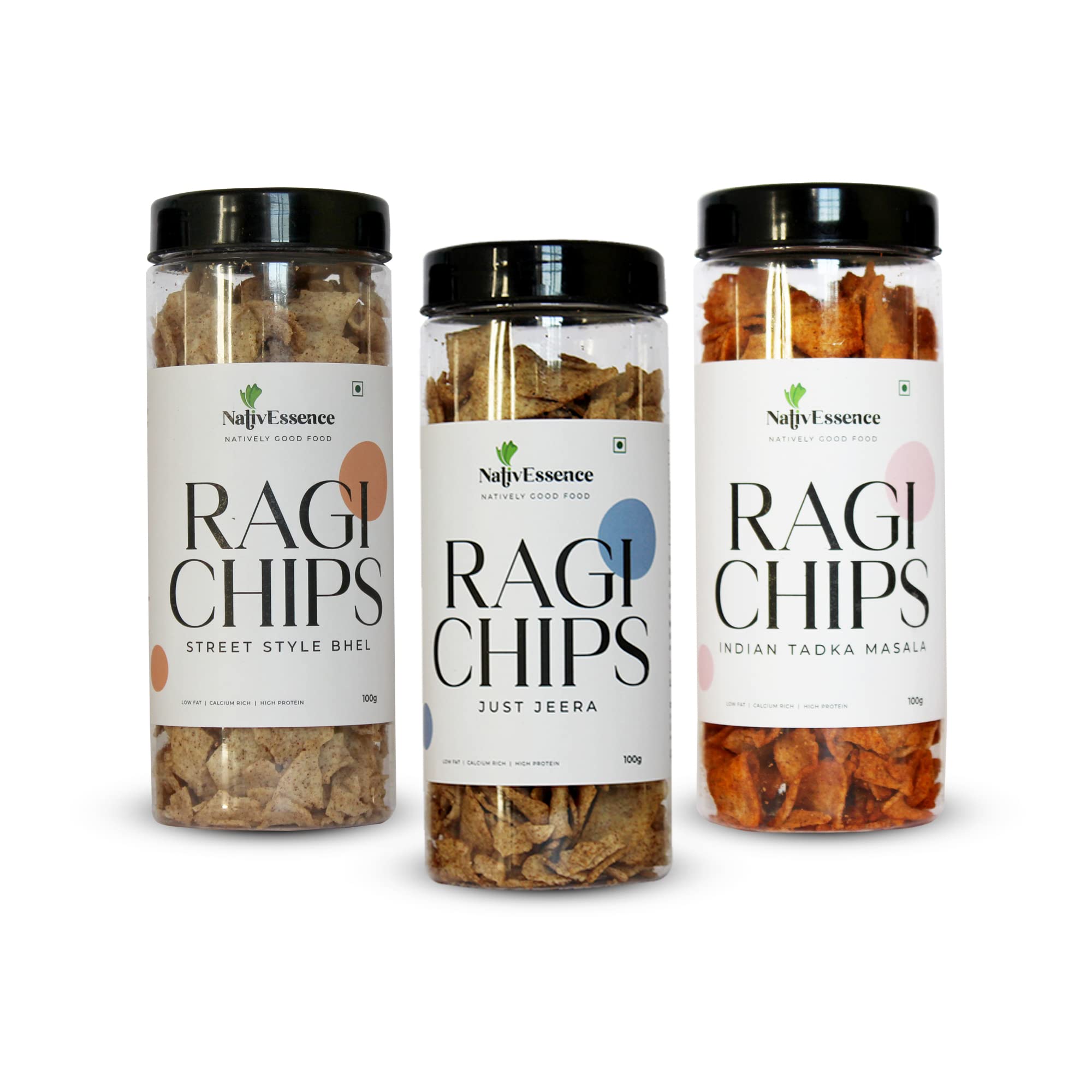 NativEssence Ragi Chips Roasted | Healthy Snack | Crunchy & Munchy Premium Chips For Children & Elders | Pack of 3 With Indian Tadka Masala, Mindbowing Mint & Peri Peri - 100gm Each