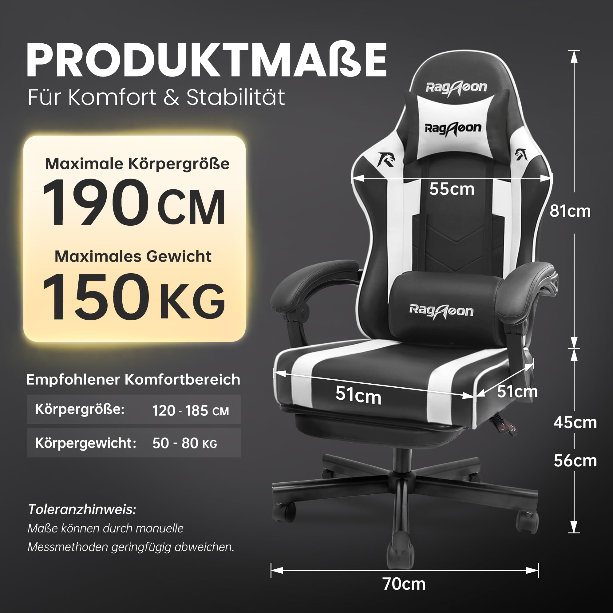 Gaming Stuhl Chair Gamer Sessel - Ergonomischer Gamer Stuhl mit Fußstütze Kopfstütze und Lordosenstütz Höhenverstellbar Gepolstert Gamingstuhl 200 Kg Schwarz