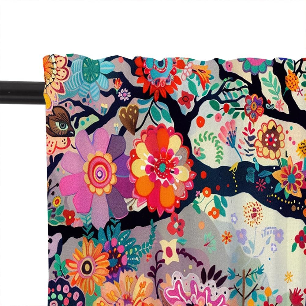 1 Panel Fantasy Boho Owl Bird Curtain Valance for Windows, Abstract Floral Tree Rod Pocket Short Window Treatment Decor Drapes for Kitchen, Bathroom, 54" X 18"