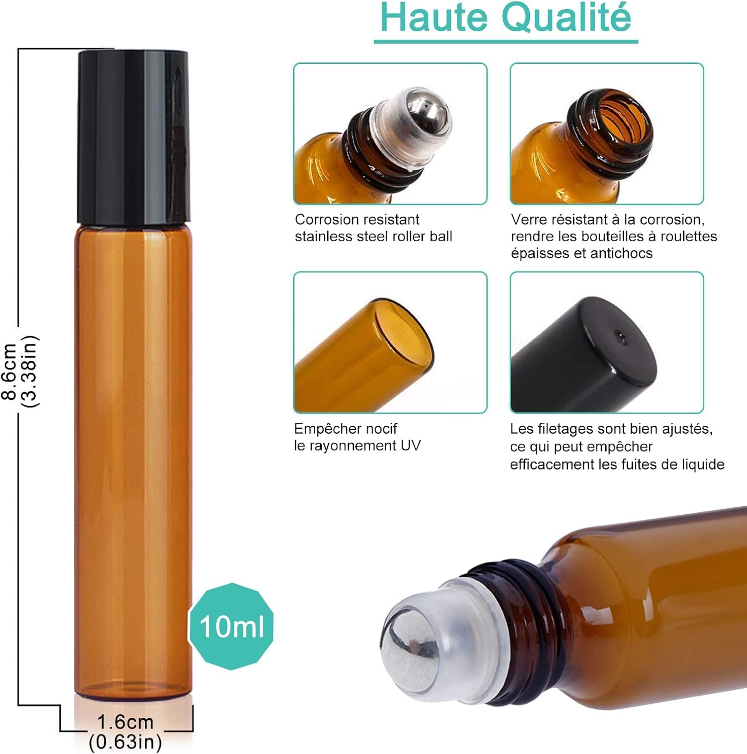 Bouteille Roll On en Verre 10 ml, 24PCS Roll On Huile Essentielle Vide Bouteil Brun Verre Flacon Roller Rechargeable, Avec Bille en Acier Inoxydable pour Parfums, Aromathérapie, Massage, Voyage