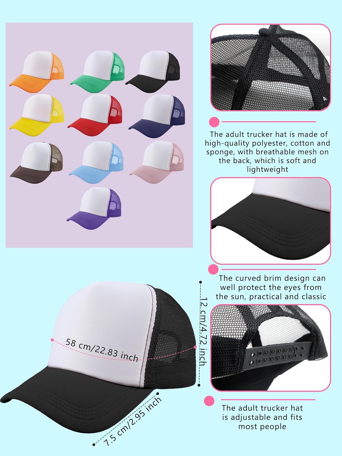 20 Pack Adult Summer Baseball Caps Bulk Sublimation Trucker Hats DIY Blank Trucker Cap for Fishing Outdoor Sports (Color Set 1)