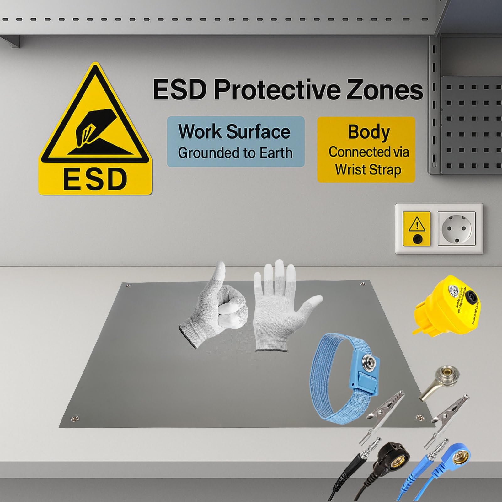 60 x 30cm GRAU Antistatik ESD Computer Matte Tischmatte „Premiumqualität“ inkl. Manschette + 2,4m Verlängerung + ESD Erdungs-Stecker + Handschuh