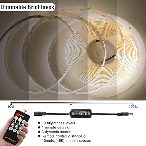 Miniatura 2 de Kit de tira de luz LED COB regulable con control remoto RF y fuente de alimentación UL12v, CRI 93+ flexible cortable 4000K tira de luz blanca