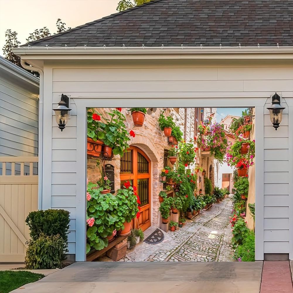 Leyiyi 7x8ft Italian Town Street Ally Garage Door Decoration Spring Flowers Blossom Medieval Architecture Europe Theme Garage Door Backdrop for Indoor Outdoor Summer Holiday Travel Party Supplies