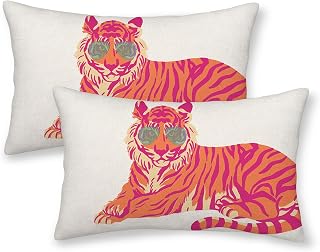 Hot Pink Tiger Preppy Pillow Covers 12x20 Inch Set of 2 Trendy Pink Orange Tiger Throw Pillows Outdoor Decorative Fun Funky Dormitory Pillowcases Linen Cushion Cases for Bed Sofa Couch College