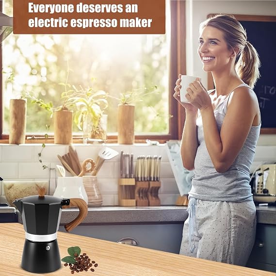 Stovetop Coffee Maker - 6 Cup Aluminium Italian Espresso Maker, 300ml Gas & Electric Stove Top Moka Pot for Cappuccino Latte Mocha, Black