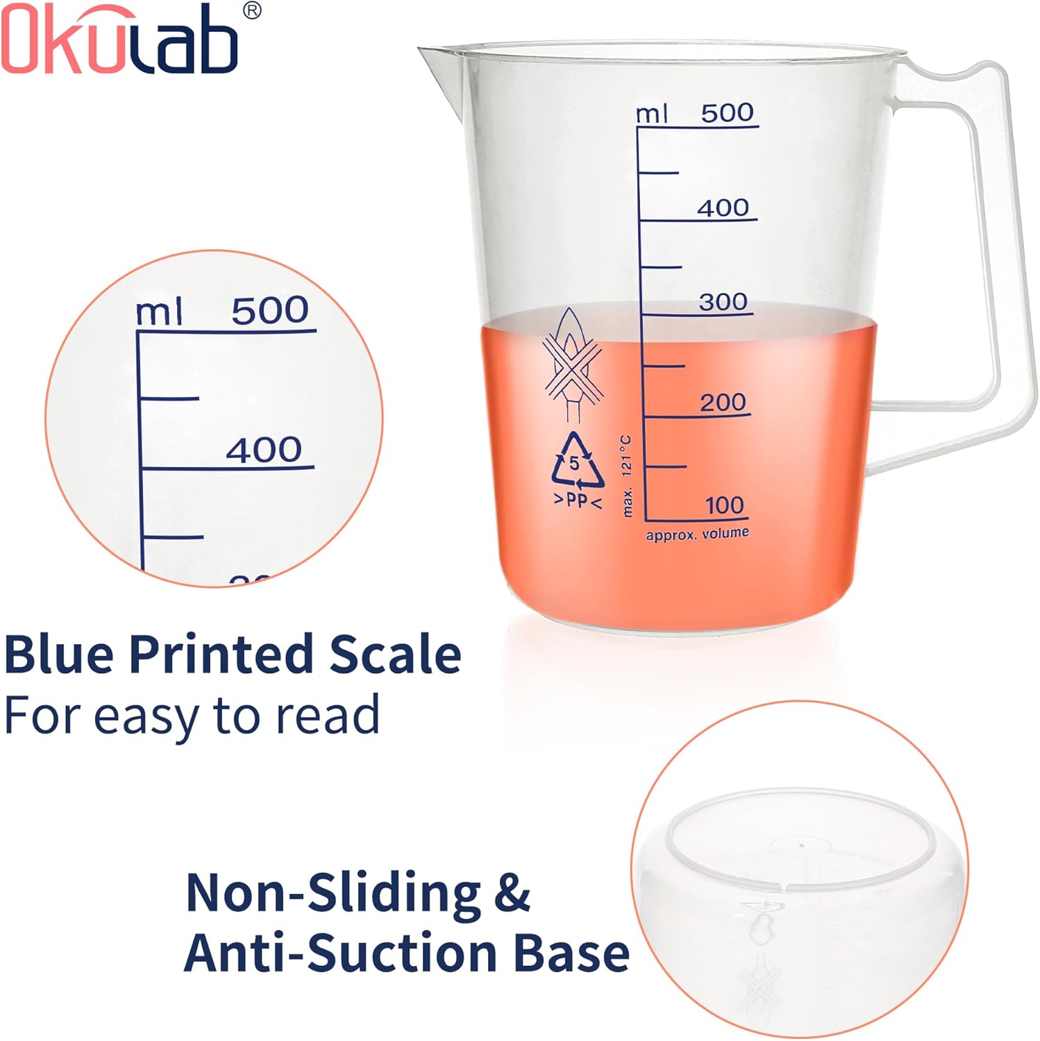 Plastic Beaker Set, 2pcs of 500ml Measuring Beakers with Handle and Spout, 16.9oz Measure Pitcher with Blue Printed Scales for DIY, Petrol Filling, Swimming Pools and Lawns, BKAP500A2