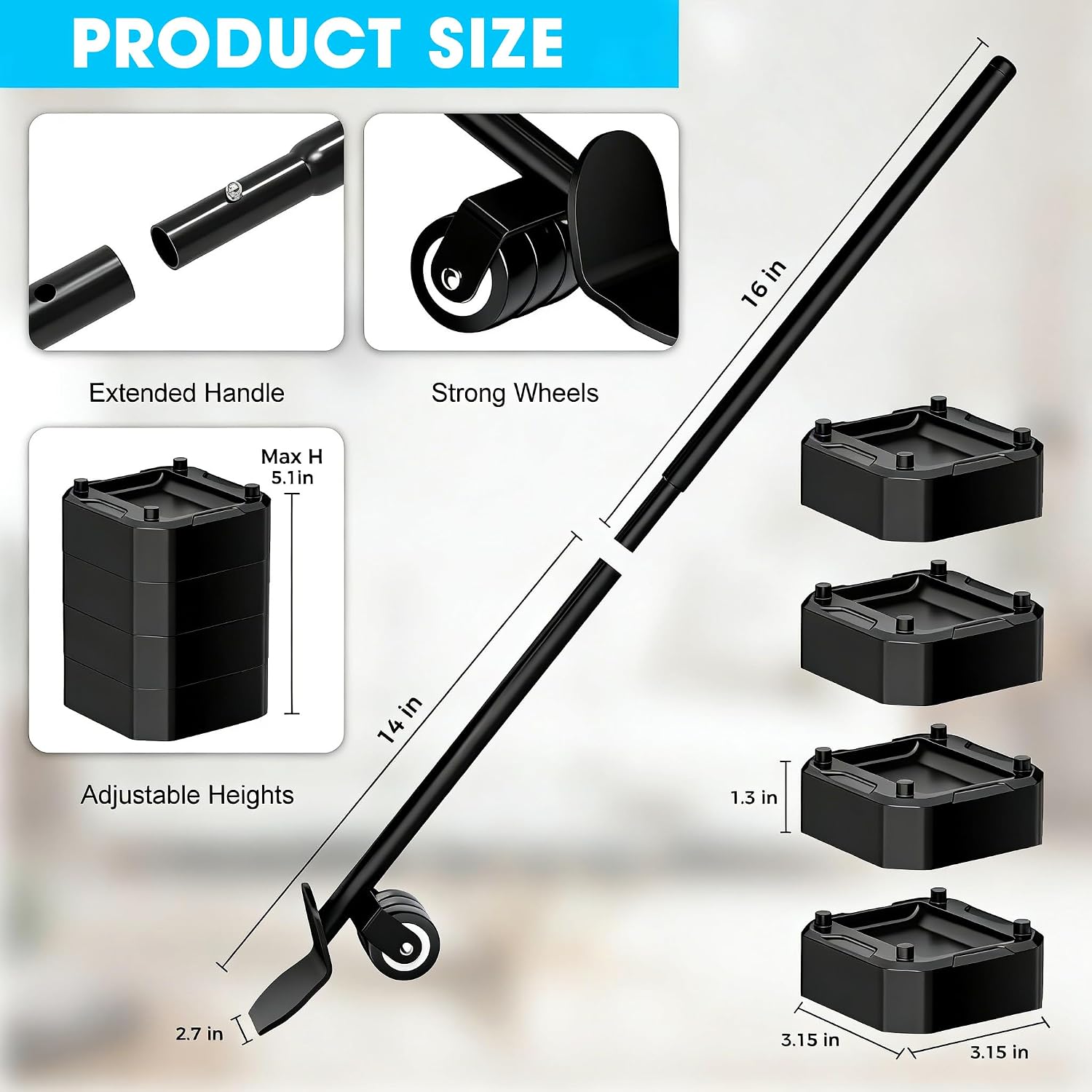 LOYAL TIGER Heavy Furniture Lifter Tool Set with 4 Raise Blocks,Black | Heavy Duty Furniture Lifter Tool for Moving Sofas, Refrigerator & Appliances Quickly. 800 Lbs Load Capacity.