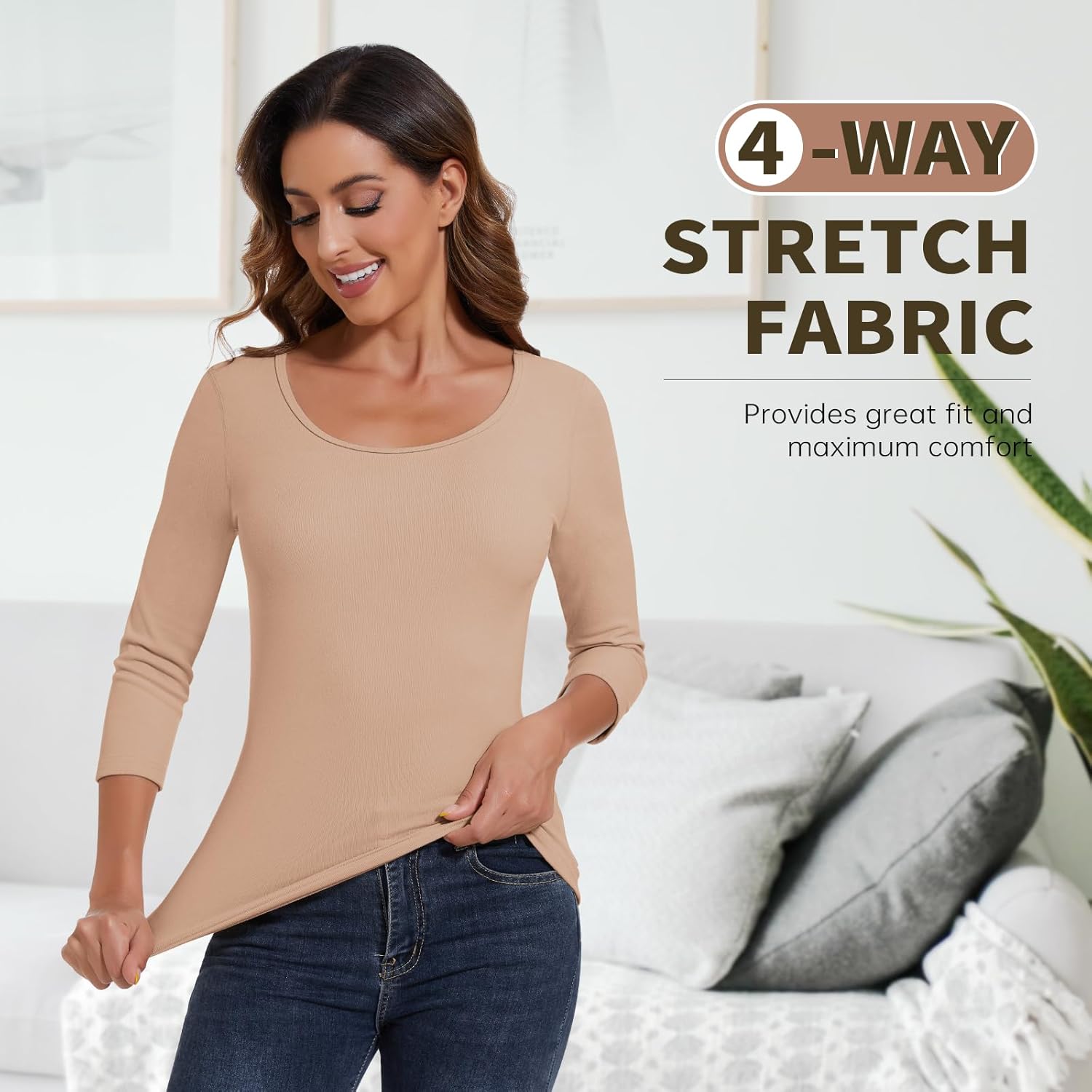 WOWENY Women's 3/4 Sleeve Thermal Shirts Fleece Lined Tops Winter Warm Base Layer Cold Weather Underwear - Image 5