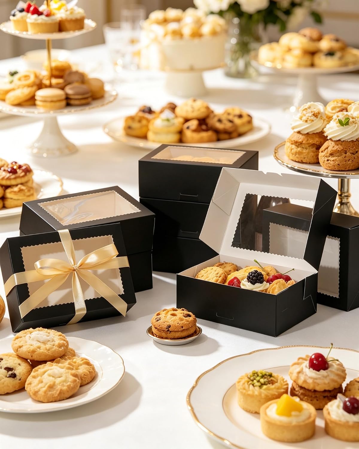 COTOPHER 50Pcs Cookie Boxes with Ribbons, 9x6x3 Inch Bakery Boxes with Window, Black Treat Containers for Pastries, Chocolate Covered Strawberries, Dessert, Easter Candy, Muffins, Donuts