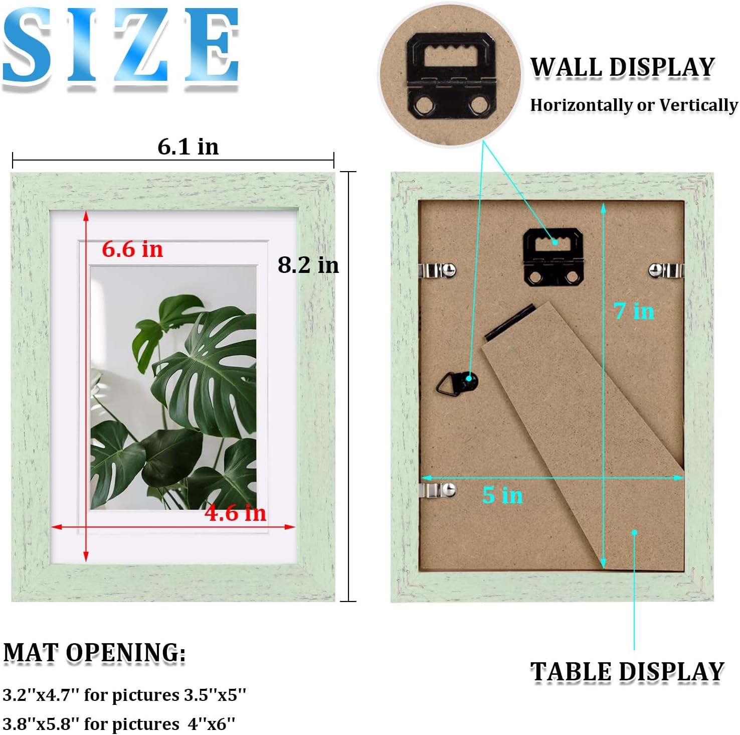 Egofine 5x7 Picture Frames Set of 4, Made of Solid Wood Covered by Plexiglass 3.5x5 and 4x6 with Mat or 5x7 without Mat, for Table Top Display and Wall Mounting Photo Frame Rustic Green - Image 3