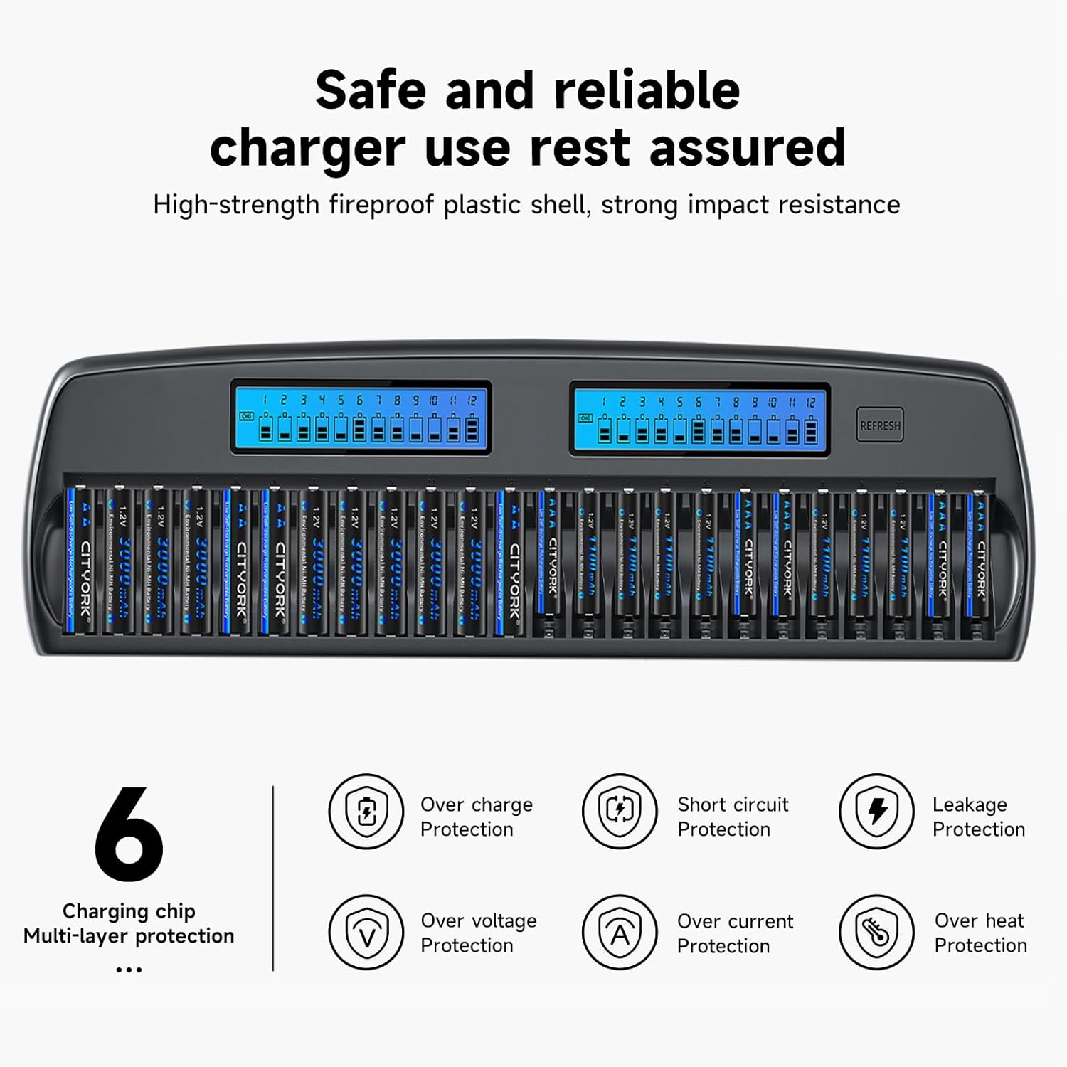 24 Bay Battery Charger with Discharge Function, Smart Independent LCD Display AA AAA Rechargeable Large Battery Charger for 1.2V AA/AAA NiMH/NiCd Rechargeable Batteries