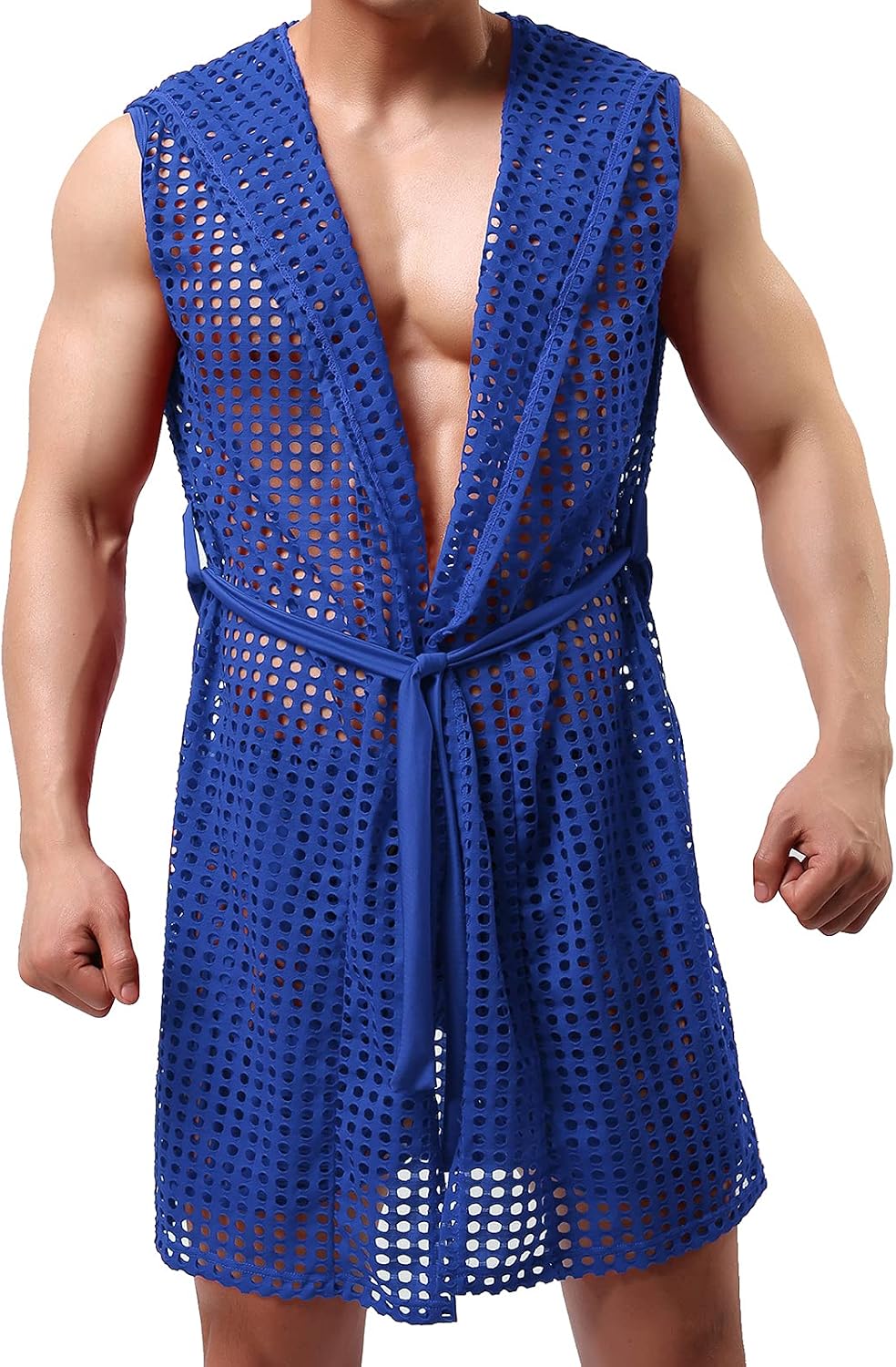 YUFEIDA Men's Sexy Hooded Sleeveless Robes Bathrobes Mesh See-Through Lingerie Sleepwear Pajamas (XL, Royal-Blue Robes)