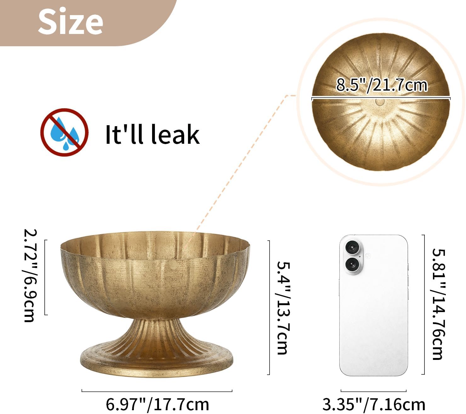 NUPTIO Gold Compote Vase for Centerpiece: 8.5" Wide Short Pedestal Footed Bowl for Flowers - Distressed Brass Urn for Decorative Wedding Table Set of 10