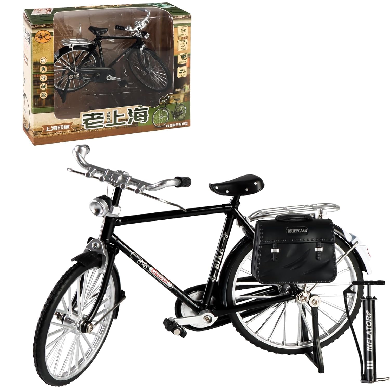 Vintage Die-Cast Bicycle Model with Briefcase | Classic Black Cycle Miniature Showpiece | Collectible Metal Bike Decor for Home, Office & Gifting