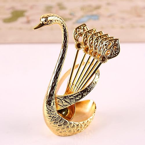 Juego de cucharas de café de 4.8 pulgadas con soporte, cuchara de cisne y tenedor, cucharas duraderas doradas, estación de café, organizador de