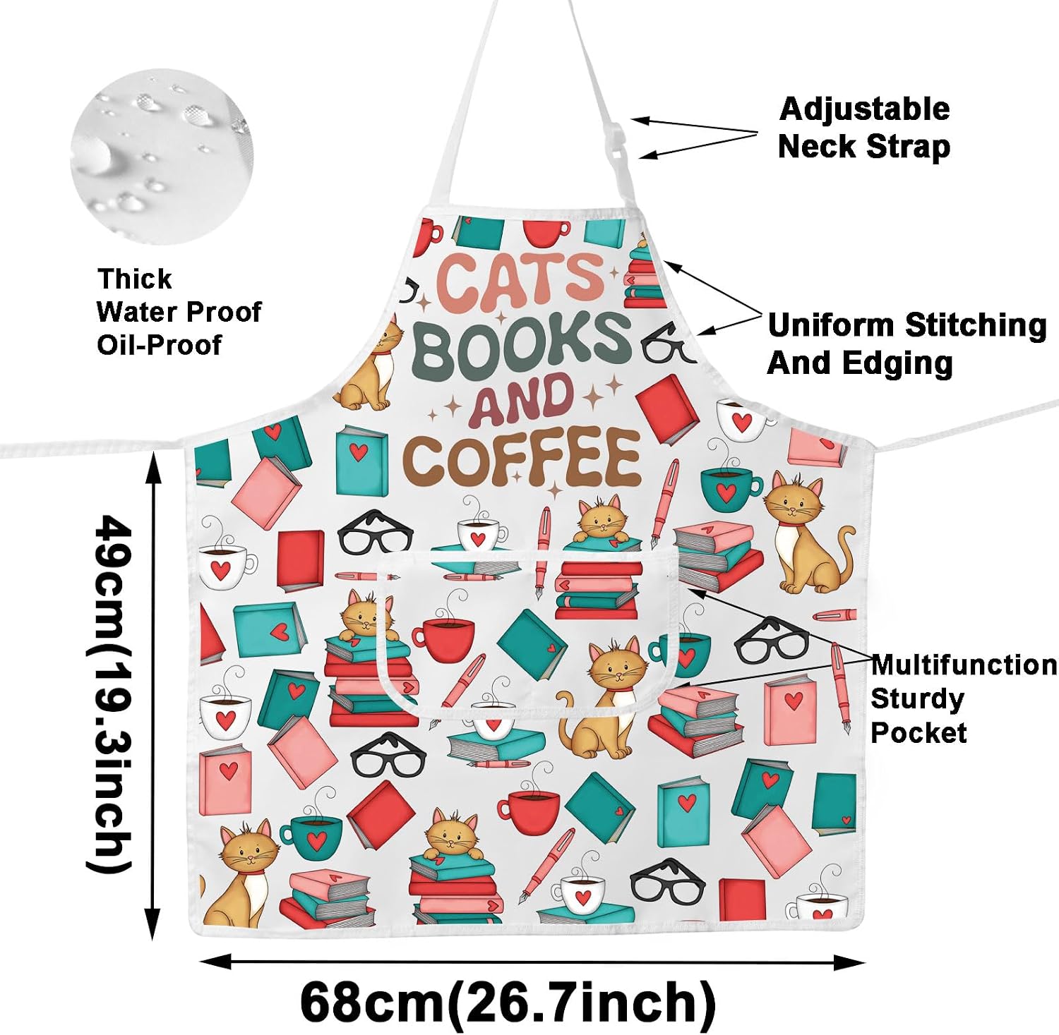 WZMPA Cats Books & Coffee Chef Apron Cats Books Lover Gift Cats & Coffee Maker Adjustable Apron Cats Coffee Baking Gift image 2
