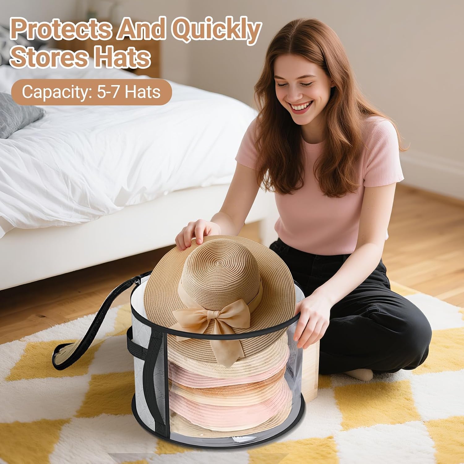 VZZNN 4 Pack Oversized Clear Hat Storage Bag for Women, Hat Box Storage Organizer, Holds up to 7-8 Caps Cowboy for Closet, Wide Brims with Carrying Handles (Grey)