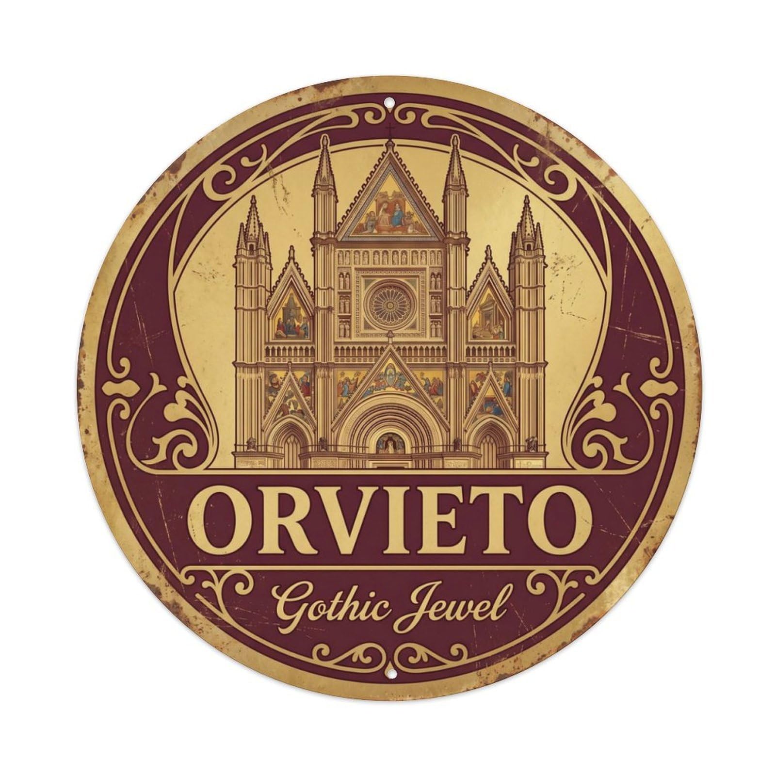 Fqcyn Style Vintage Travel Orvieto Cathedral Italy Metal Tin Sign Plaque Wall Decor For Cafe, Club Bar, Office, Home Garden Round Metal Poster 8X8inch