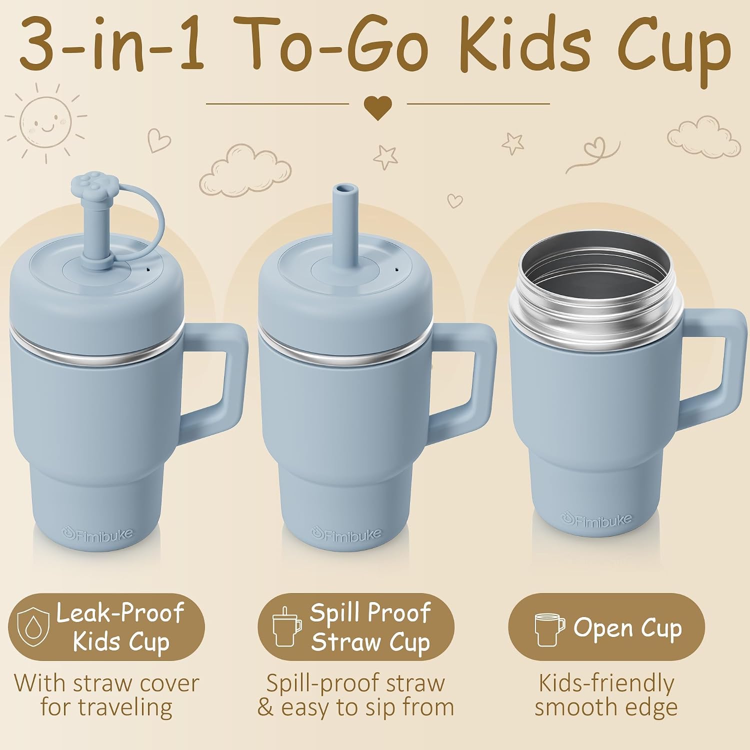 Fimibuke Toddler Tumbler with Handle & Straw, 15 OZ Spill Proof Sippy Cups for Kids Girl Boy, Leak Proof Stainless Steel Cups with Lid & Silicone Sleeve, BPA Free Dishwasher Safe Water Bottle, 2 Packs