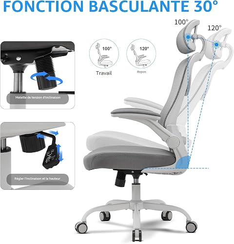 Magic Life Office Chair, Adjustable Desk Chair with Flip-up Armrest, Rebound Seat Cushion, Breathable Mesh High Back, Comfortable Lumbar Support, Movable Headrest 360° Rotation, White - 3