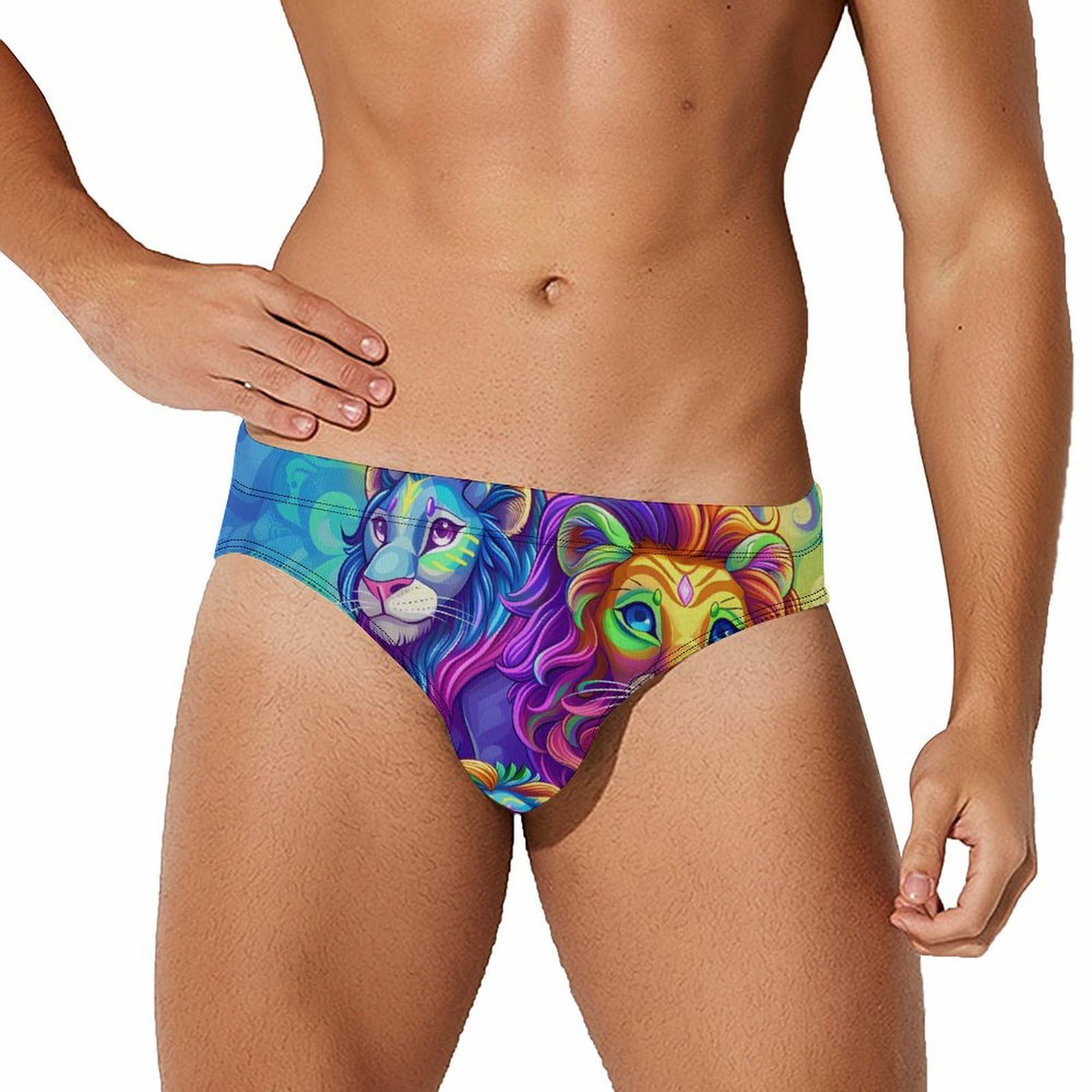 Wild Animals Lion Mens Swim Briefs Bikini Swimwear Print Beach Shorts Sexy Swimsuit 2XL