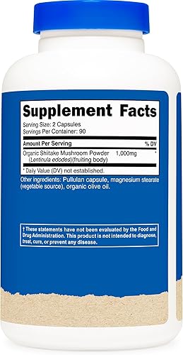 Miniatura 5 de Nutricost Cápsulas orgánicas de hongos Shiitake de 1000 mg, 90 porciones Certificado CCOF fabricado con orgánico, vegetariano, sin gluten, 500 mg