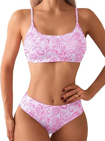 YIMISAN Womens Two Piece Swimsuit Floral Print Bikini Sets Spaghetti Straps Scoop Neck Mid Waist Cheeky Bathing Suit