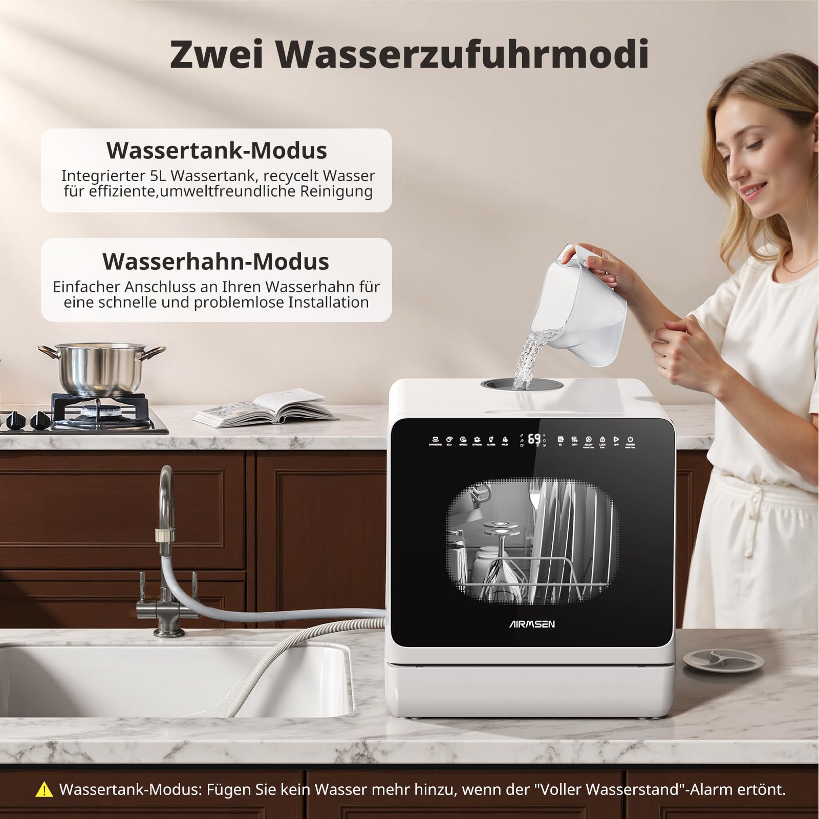 AIRMSEN Mini Geschirrspüler, Tischgeschirrspüler, Mini Spülmaschine mit 8+3 Programmen, 5L Tank,... Ansicht 3