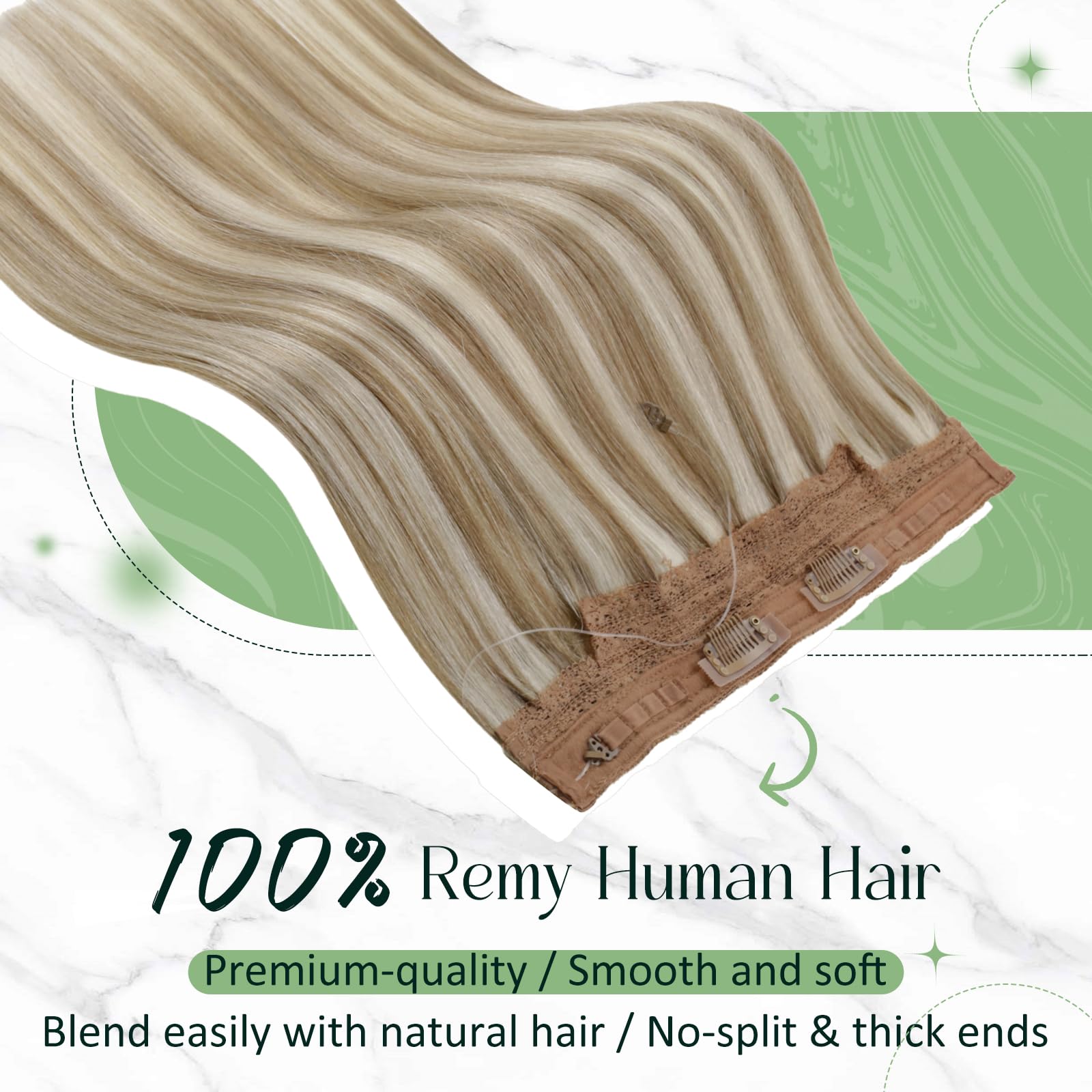 RUNATURE Blonde Invisible Wire Hair Exensions Real Human Hair Blonde Highlight Brown One Piece Fish Line Hair Extensions Human Hair Straight Invisible Wire Hair 14 Inch 70g - Image 2