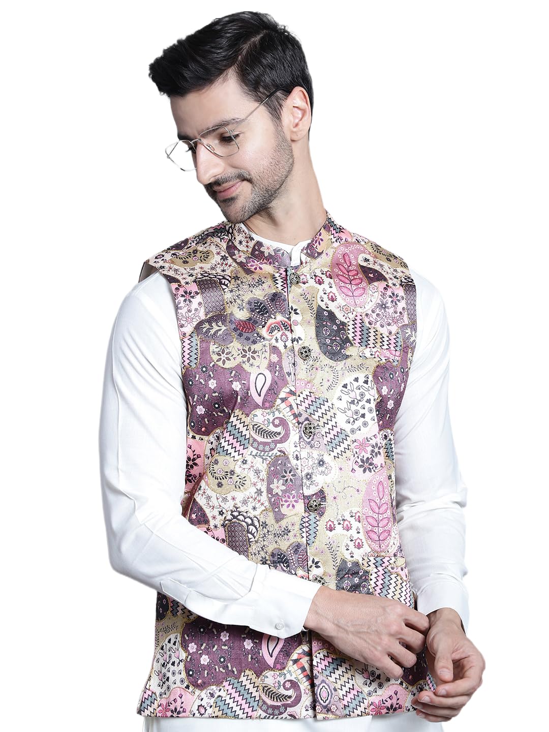 Jompers Men's Printed With Zari Work Waistcoat (Purple, S)