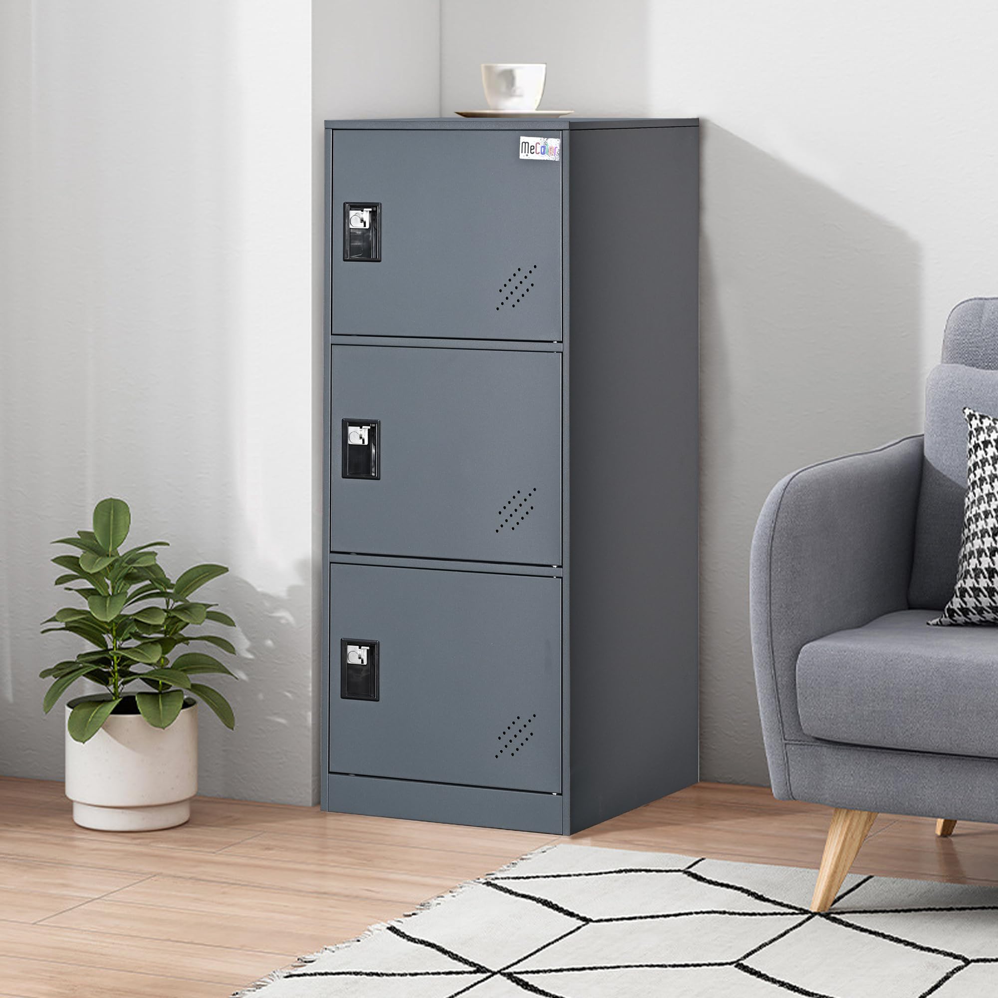 MECOLOR Casier de Rangement Vertical avec loquet à Cadenas, Petit Meuble de classement de Bureau avec 3 Portes, Armoire de Rangement d'angle en Acier pour Salon, Salle de Sport (Gris, 3D)