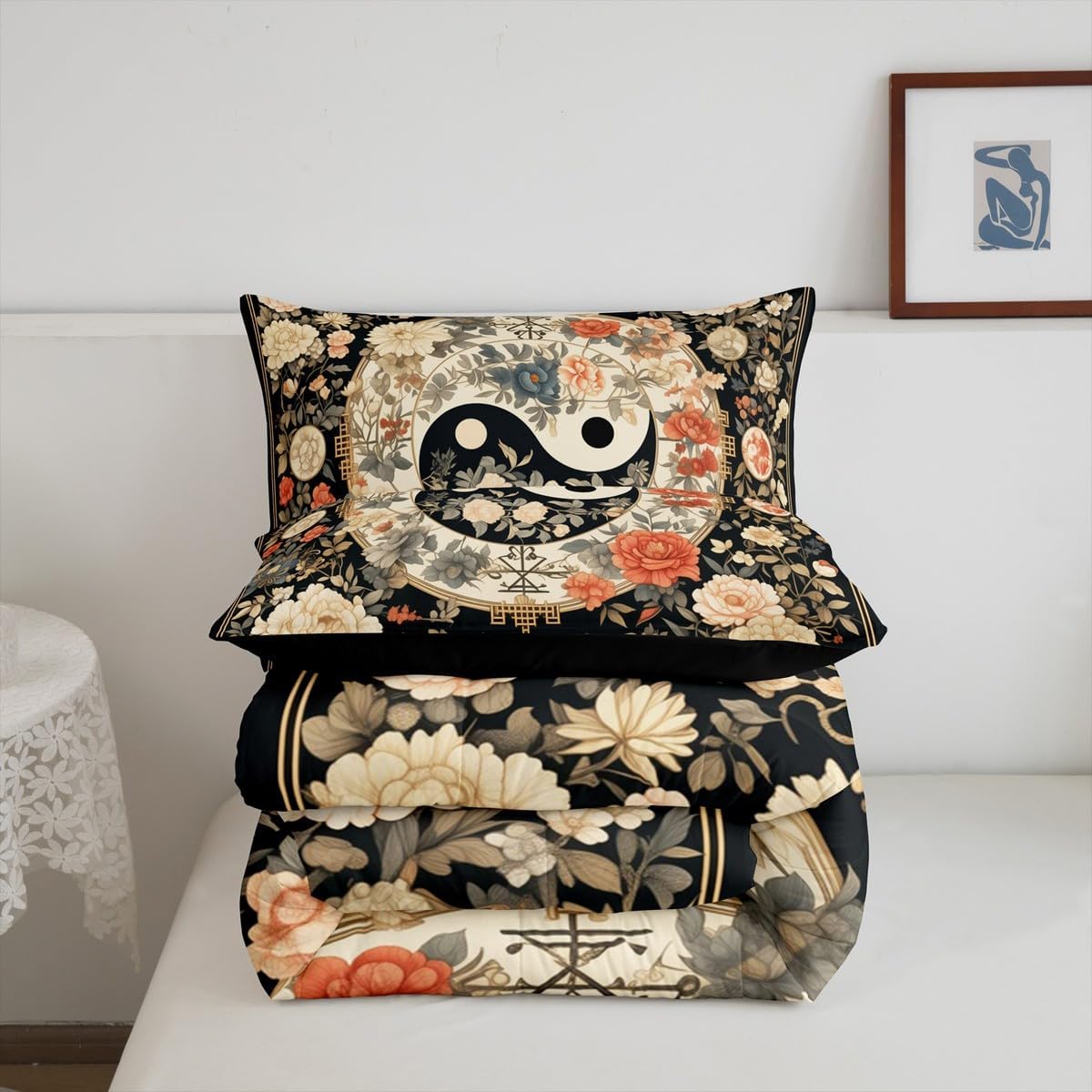 Manfei Tai Chi Floral Comforter Set,Chinese Style Yin and Yang Theme Geometric Circle Bedding Set for Teens Adults Room,Vintage Blooming Flowers Natural Quilt Set 3 Pcs with 2 Pillowcases,Queen