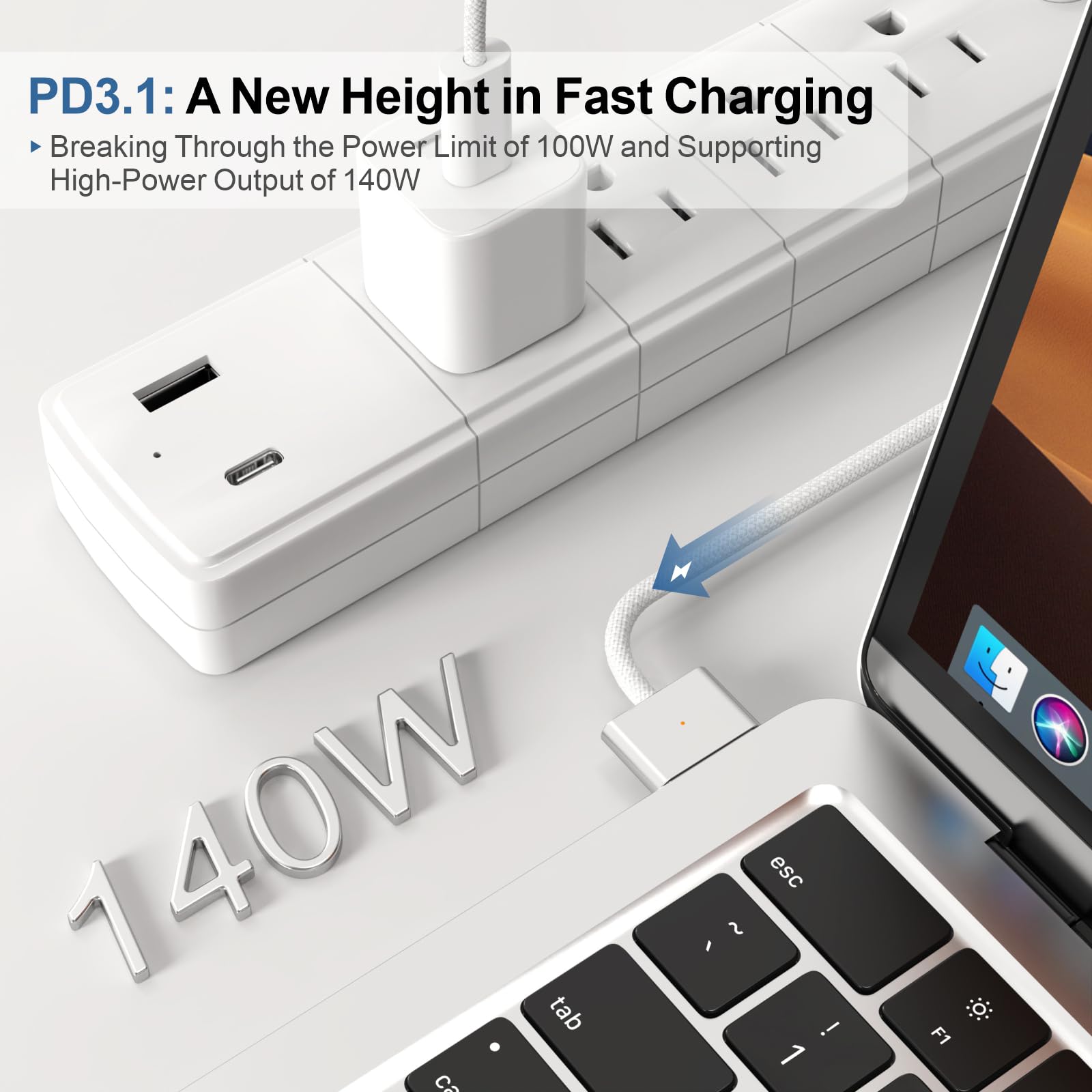 140W USB-C to Magnetic 3 Cable 6.6FT, Compatible with MagSafe 3 for MacBook Pro 14" 16" & Air 13" 15" M4 M3 M2 2021-2025 Fast Charging Cord White - 3