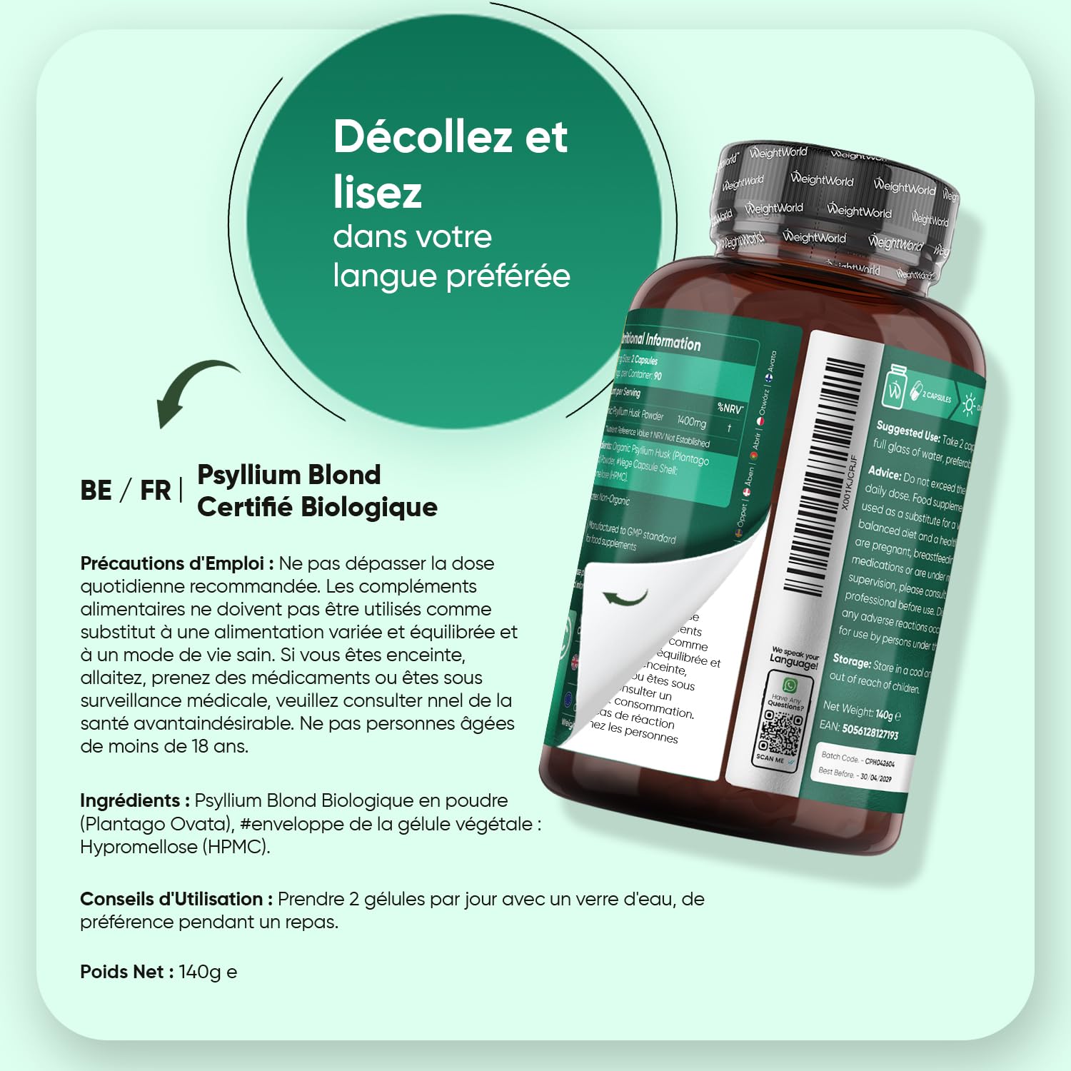 Psyllium Blond Bio 180 Gélules Vegan Multi-Usages (3 Mois) - Plantago Ovata