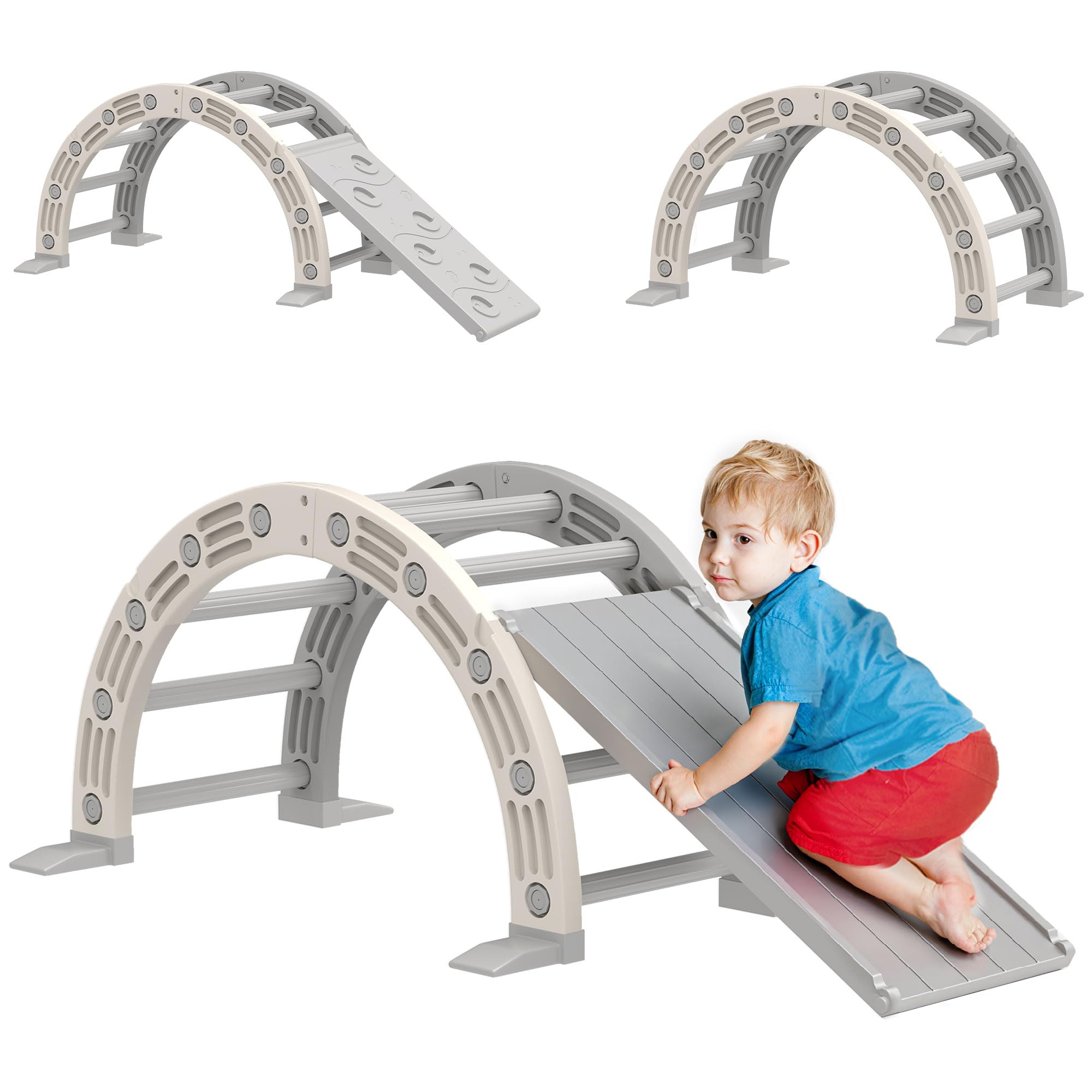 AIYAPLAY Juguete de Escalada para Niños 4 en 1 con Arco de Escalada, Mecedora, Rampa y Tobogán, Juguete de Plástico para Niños de 18-48 Meses, para Interior y Exterior, Gris y Blanco