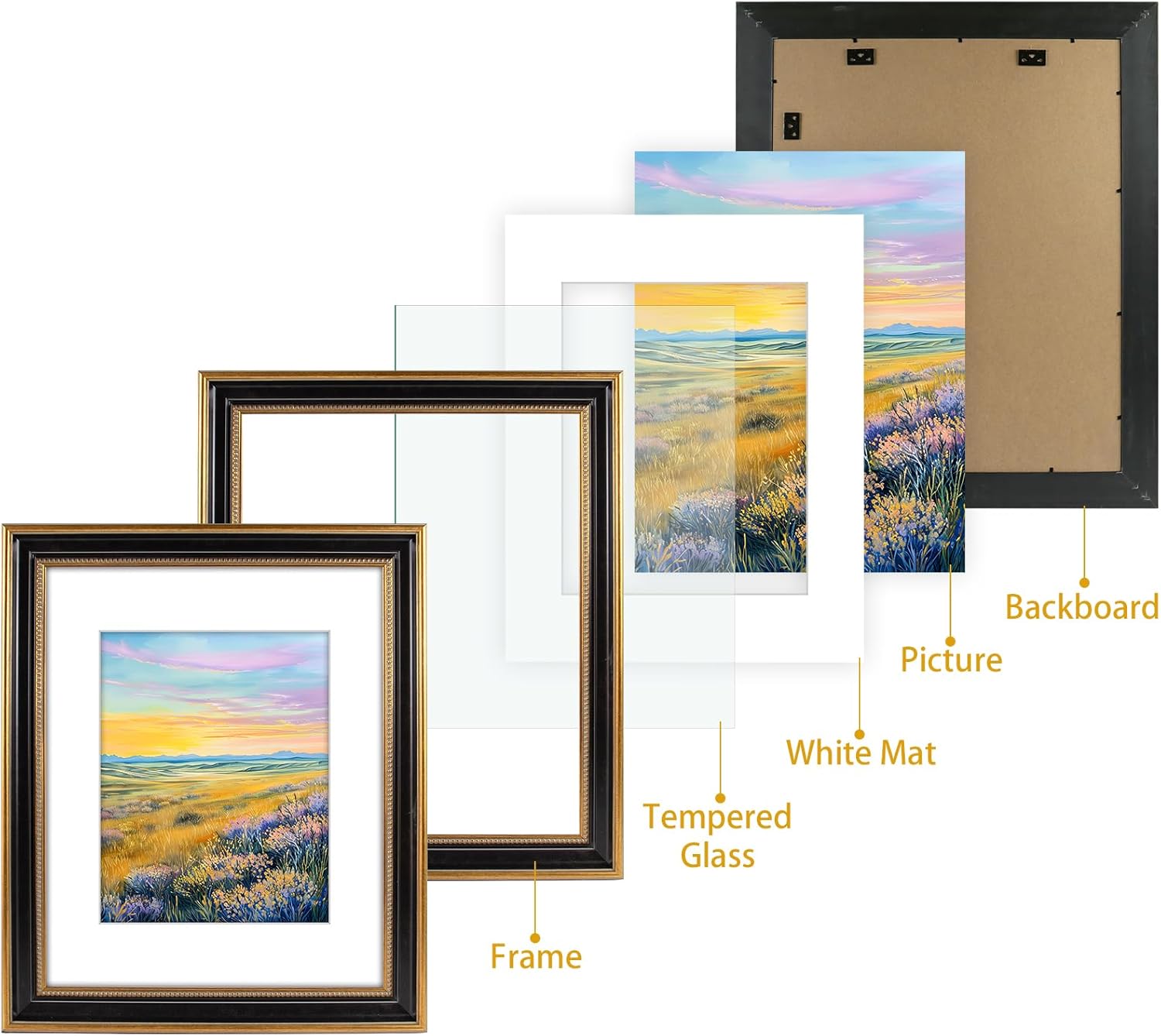Golden State Art, 16x20 Photo Frame with White Mat for 11x14 Picture, HD Real Glass Front Wall Mounting (Color: Ornate Gold/Black)