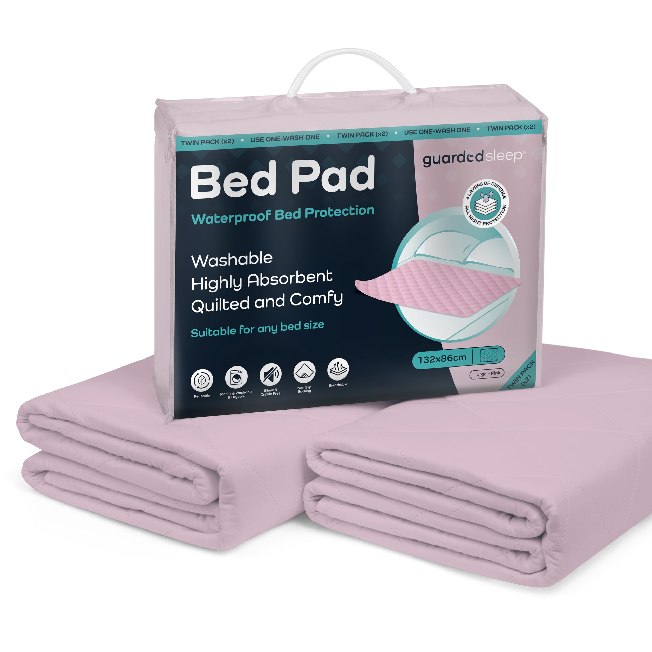 Almohadilla impermeable de GuardedSleep | Sábana húmeda lavable de alta calidad para adultos o niños con incontinencia | Adecuado para camas dobles e individuales | Antideslizante (2, rosa)