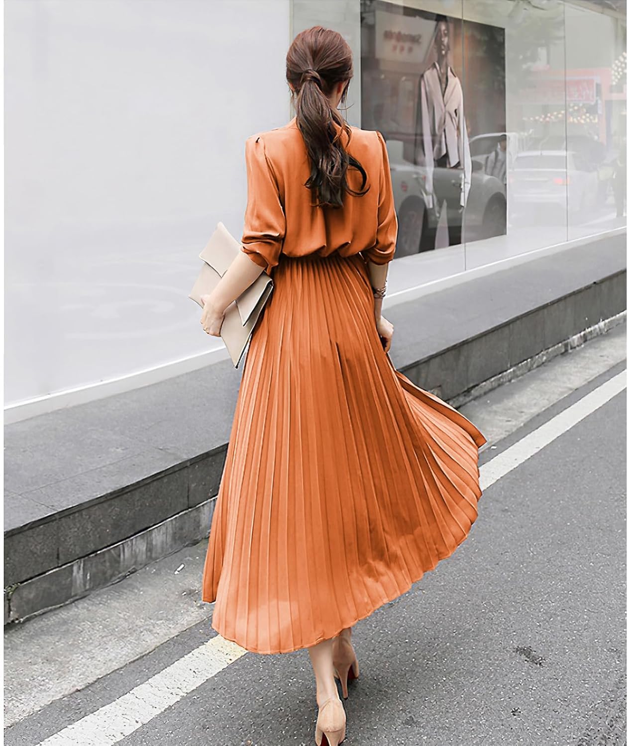 Womens Pleated Long Sleeve Loose Dress Casual Maxi Dresses with Tie Waist - Image 2