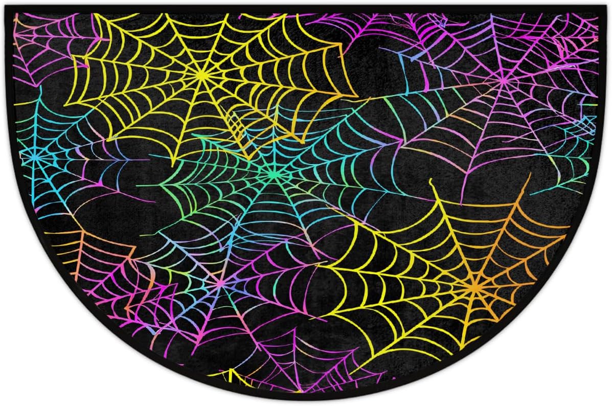 Half Round Door Mat Halloween Webs Colorful Non Slip Absorbent Semi Circle Area Rugs Washable Half Moon Floor Mats for Indoor Patio Kitchen Bathroom Entryway Fireplace Home Carpet Decor