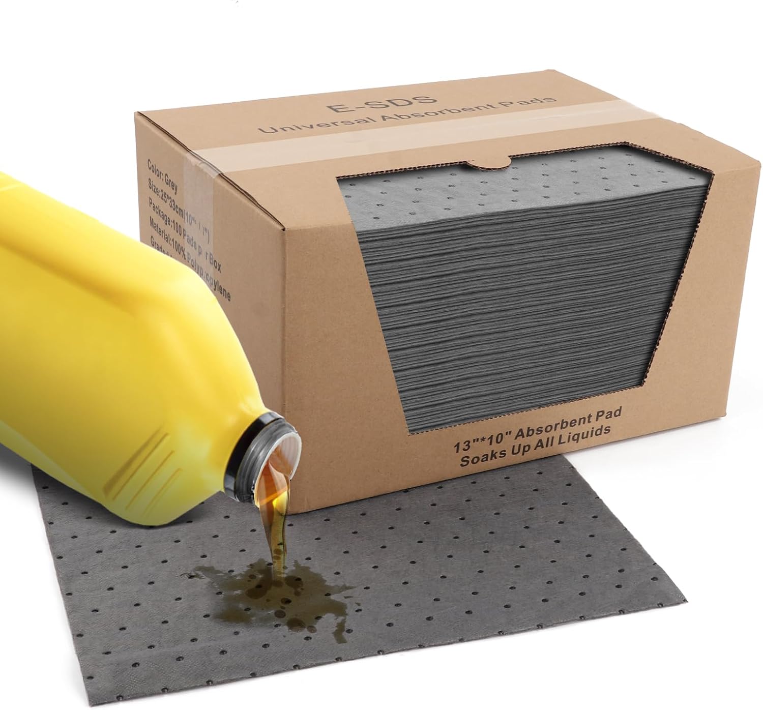 Heavyweight Oil Absorbent Pads, 13" x 10" Universal Oil Spill Mat for Garage Floor, Driveway & Workshop, Fast Absorbing Oil Dry Pads, Leaks & Drips (Gray, 100 Pcs with Carton Package)