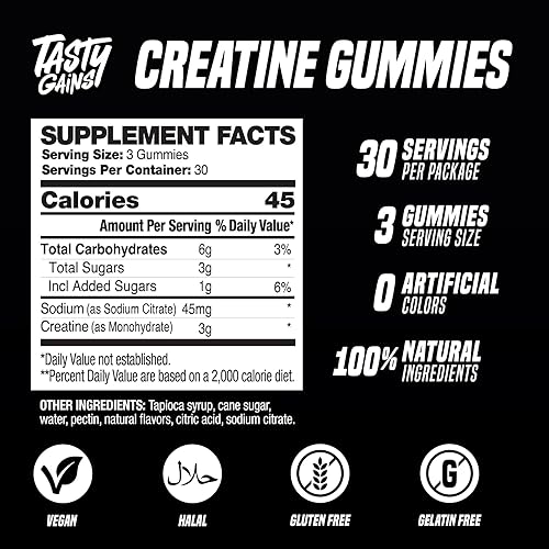 Miniatura 5 de TASTY GAINS Gomitas de Creatina - 90g de Monohidrato de Creatina - Suplementos para Entrenamiento - Construye Músculo y Aumenta la Fuerza para