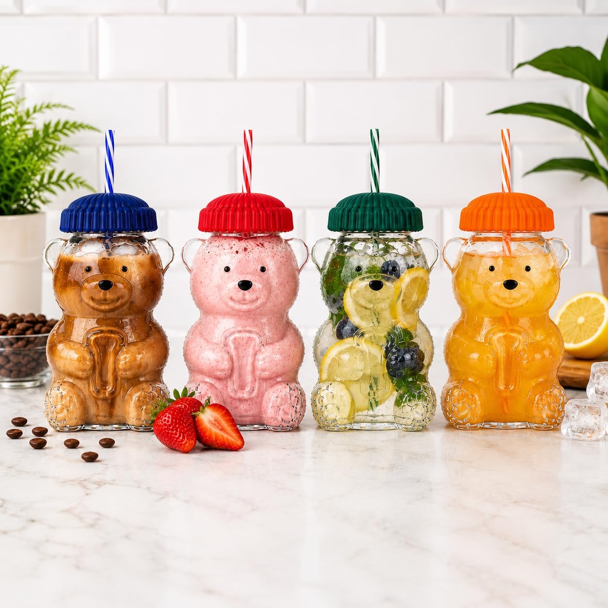 Teddy Bear Glass Cups with Lids & Straws, 17 oz Bear Shaped Drinking Jars, Set of 4 with Metal Lids & Assorted Color Hat Toppers