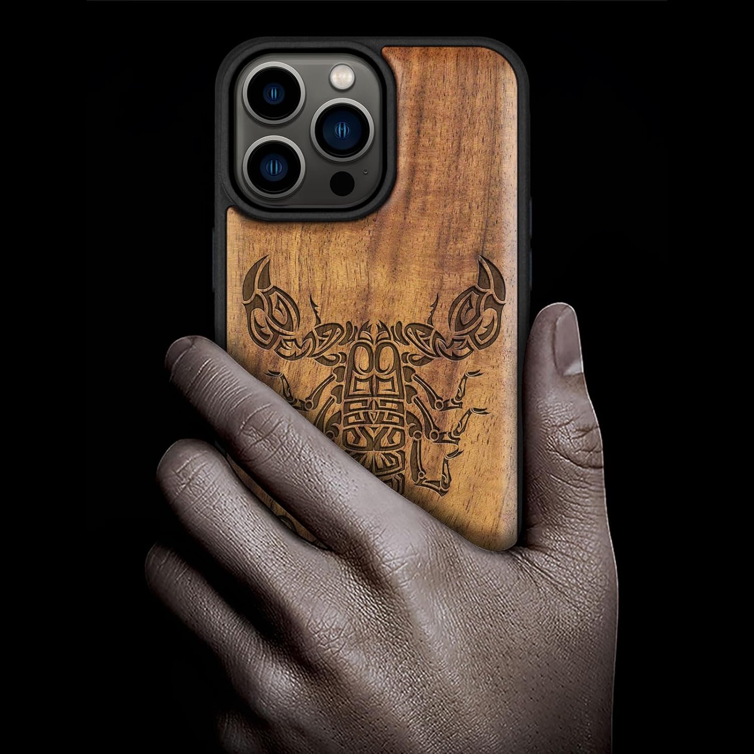 Carveit Magnetic Wooden Case for iPhone 15 Pro Max Case, Compatible with MagSafe Wireless Chargers, Black Soft TPU Shockproof Cover & Wood Artisan Engraved (Tribal Scorpion) - Walnut
