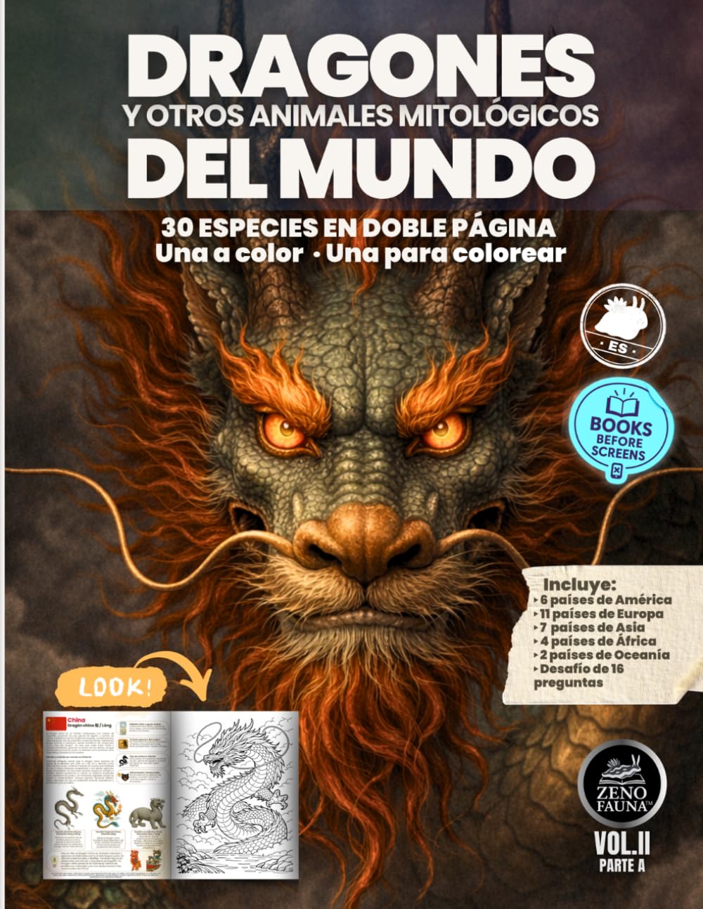 Dragones y otros animales mitológicos del mundo: 30 especies en doble página — una a color y una para colorear