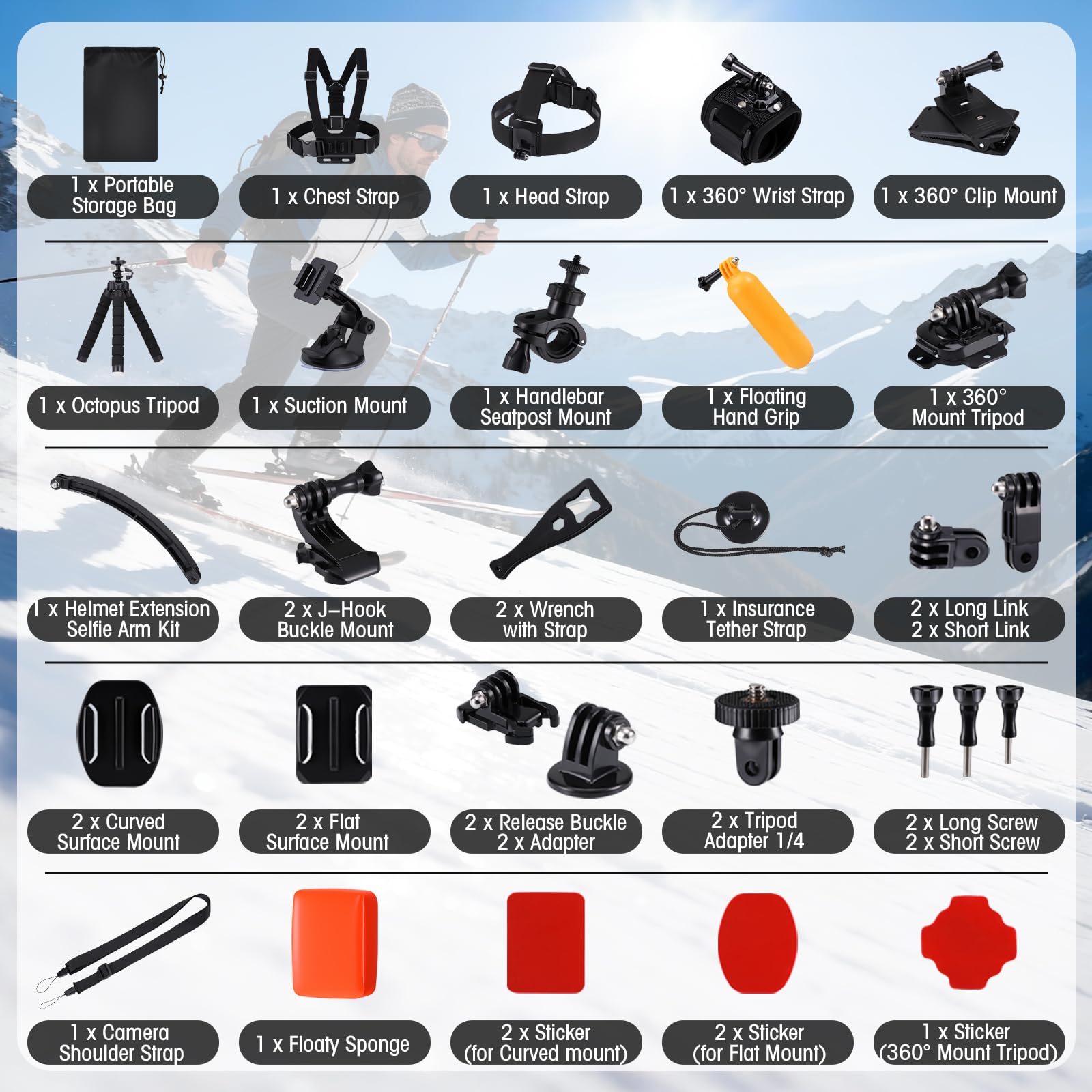 40-in-1 Action Kamera Zubehör Set, Kompatibel mit GoPro Hero 12/11/10/9/8/7, Max/Fusion, DJI Osmo Action, Insta360, AKASO, APEMAN, SJCAM, COOAU, Apexcam, Campark Mehr